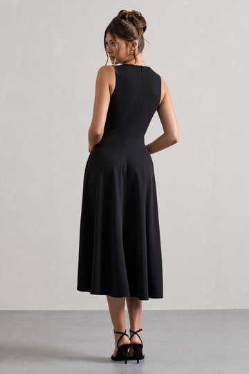 Primrose Black Plunge-Neck Midi Dress With White Bow